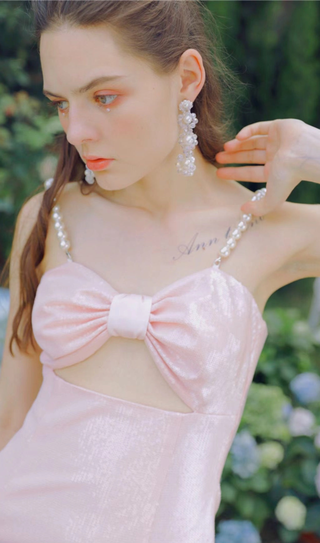 PEARL STRAPPY SATIN MINI DRESS PINK