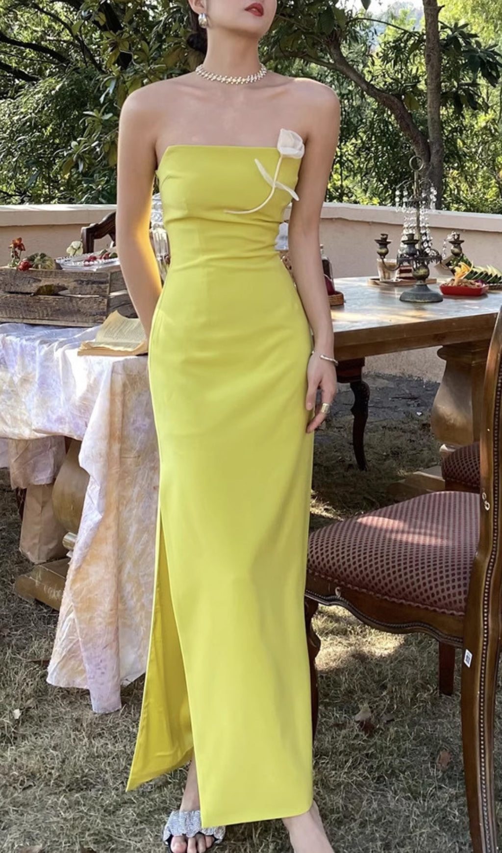 LEMON YELLOW FLORAL SLIT MAXI DRESS FOR WEDDING