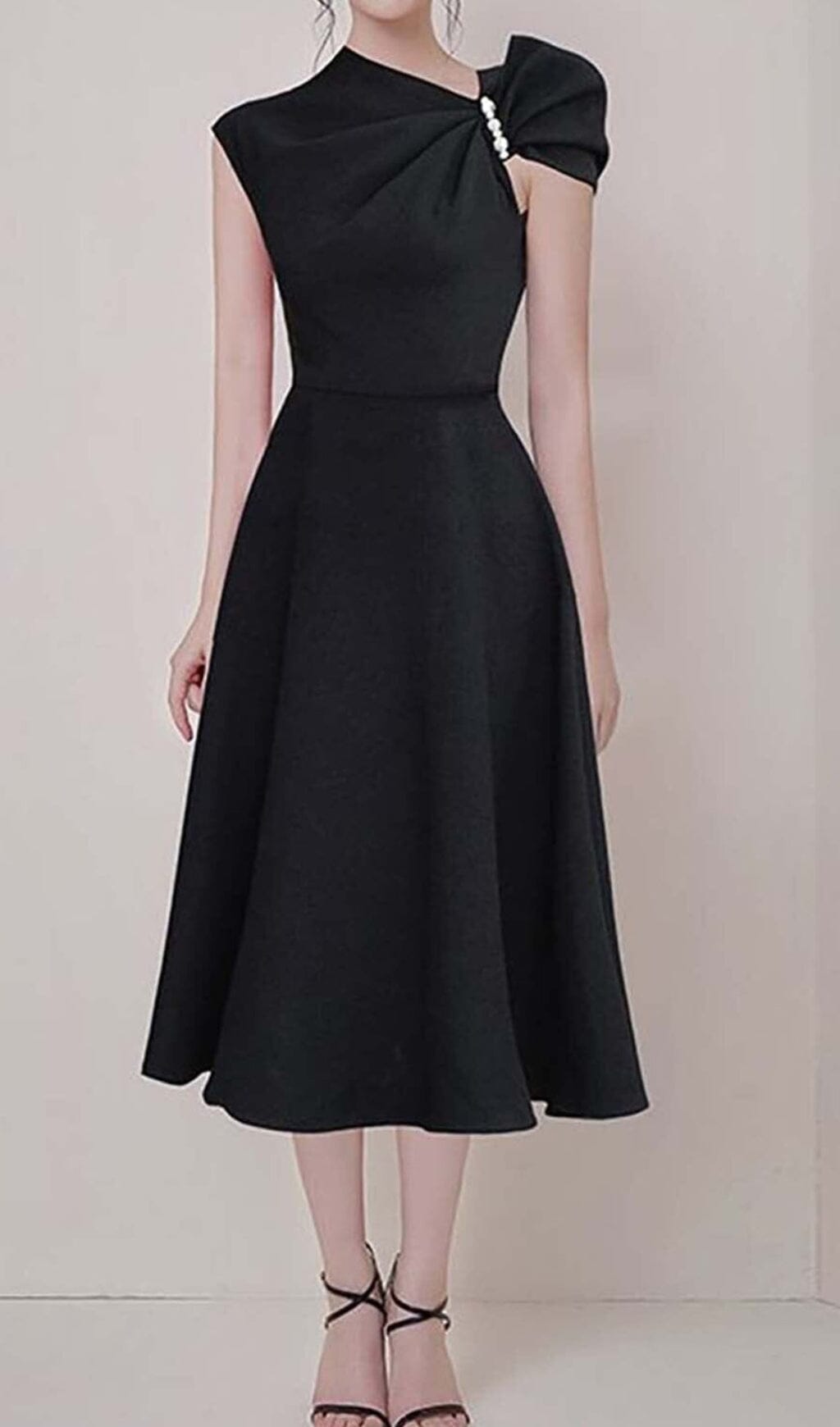 ASYMMETRIC PEARL SLEEVE MIDI DRESS, BLACK