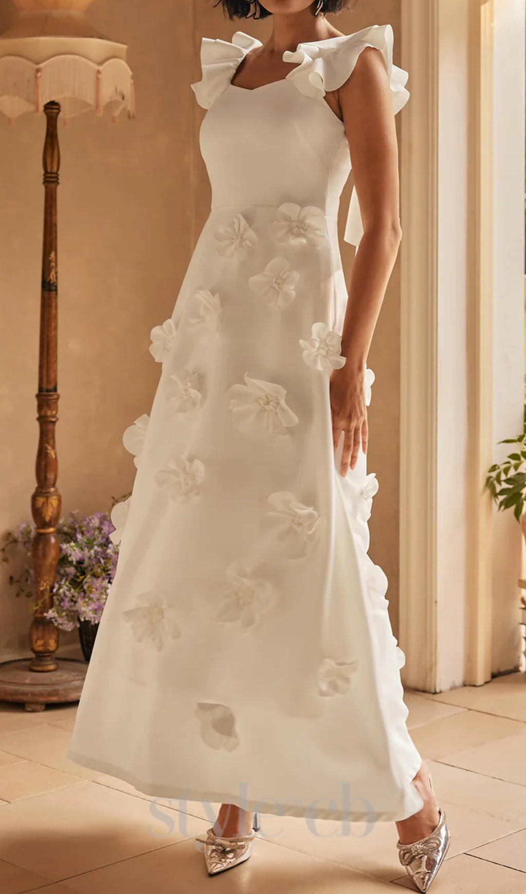 FLORAL RUFFLE STRAP MIDI DRESS, WHITE, GARDEN PARTY
