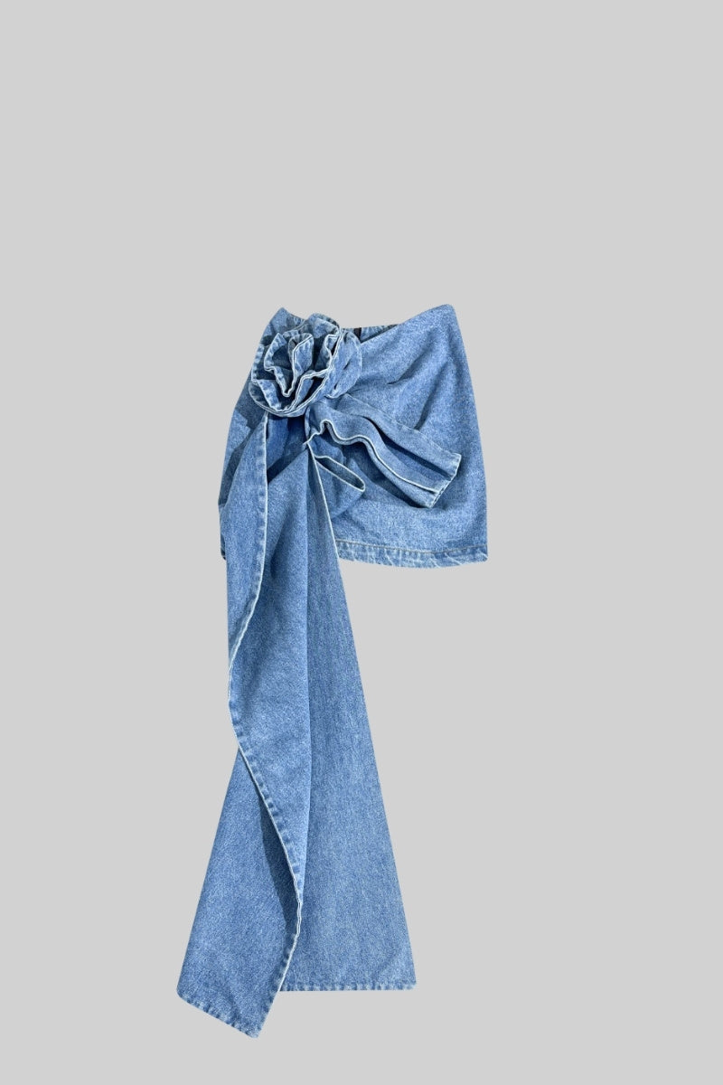 ASYMMETRIC FLORAL DENIM SKIRT BLUE