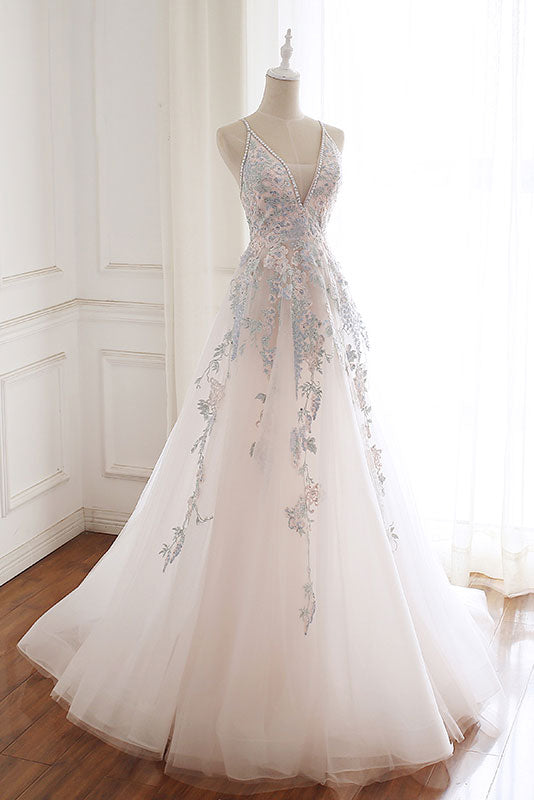 WHITE V-NECK TULLE LACE WEDDING DRESS