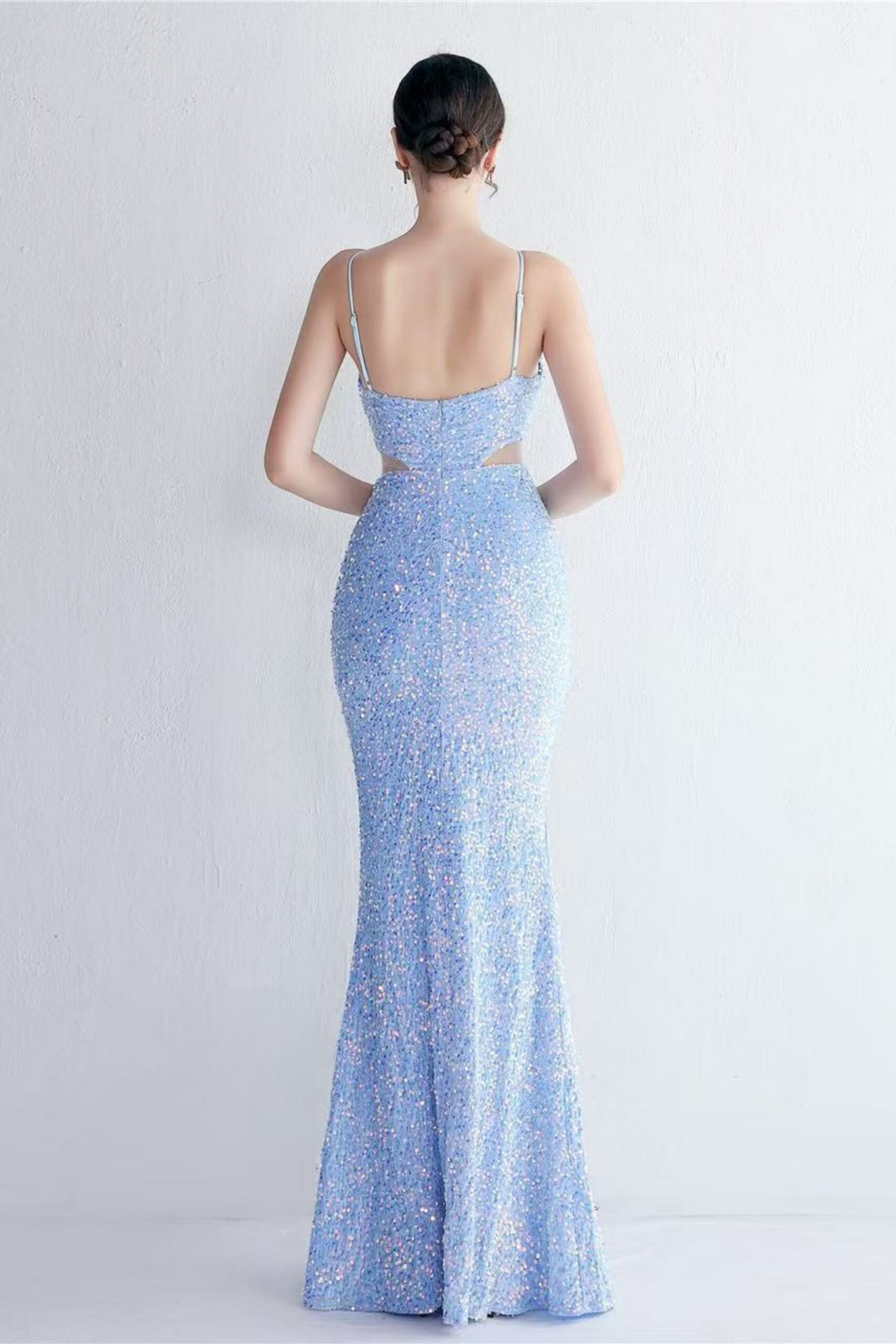 MARIAN BLUE SEQUIN HALTER CUTOUT MAXI DRESS