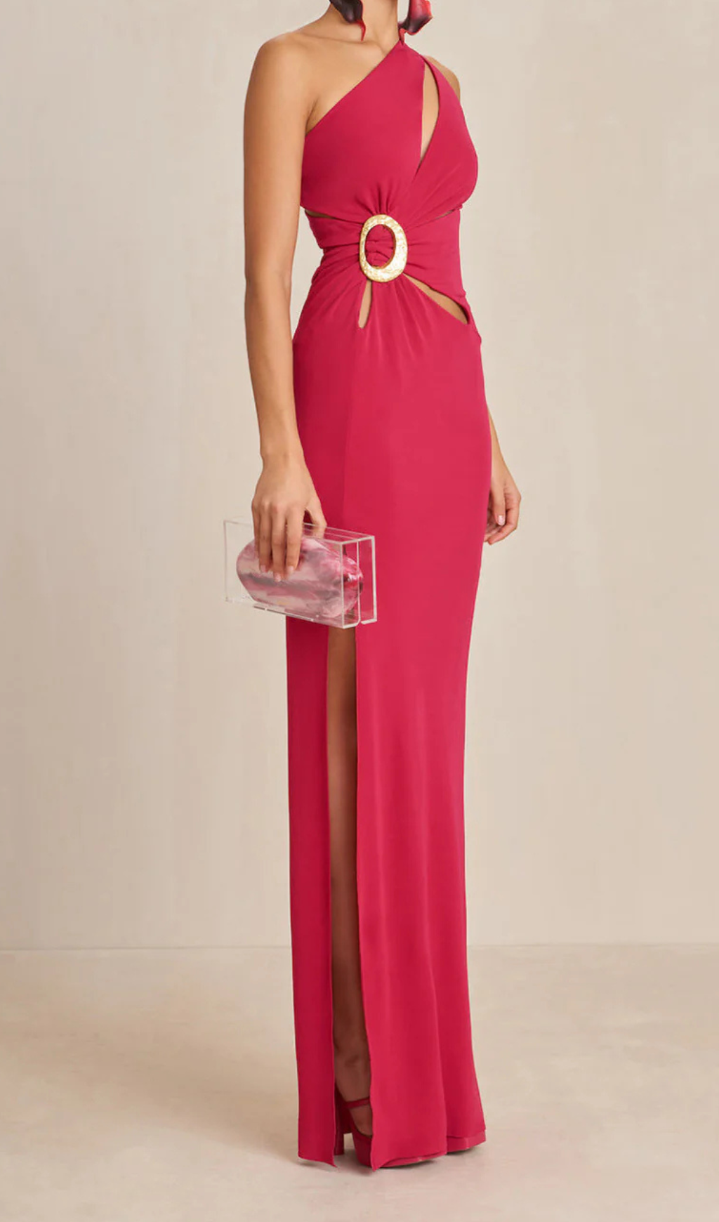 ONE-SHOULDER CUTOUT SIDE SLIT MAGENTA MAXI DRESS