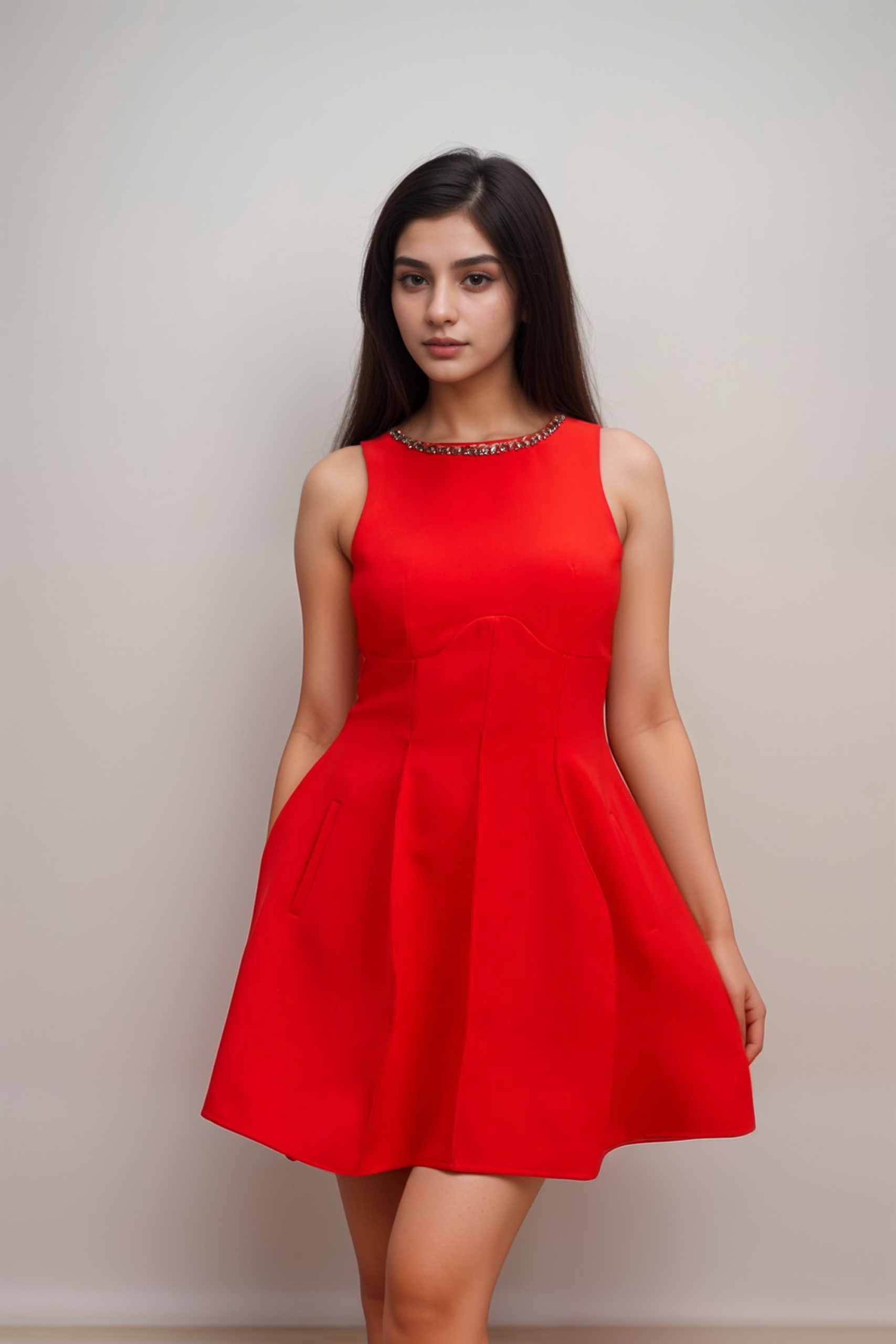 KATIE RED CRYSTAL PUFF MINI DRESS FOR PARTY