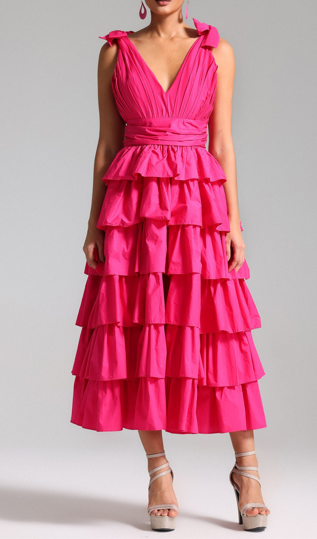 PLUNGE V-NECK RUFFLE TIERED SLIT GOWN PINK