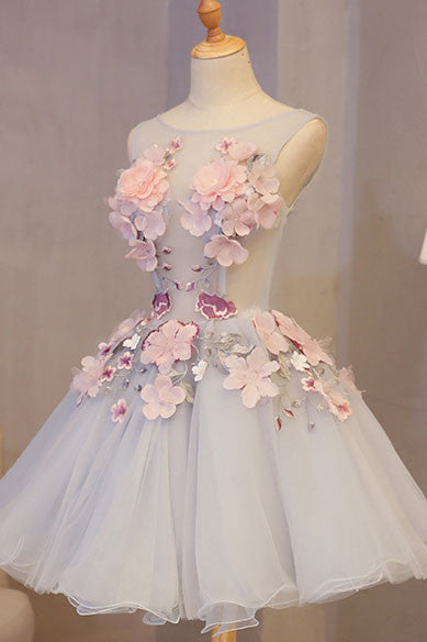 SATIN FLORAL MINI PROM DRESS