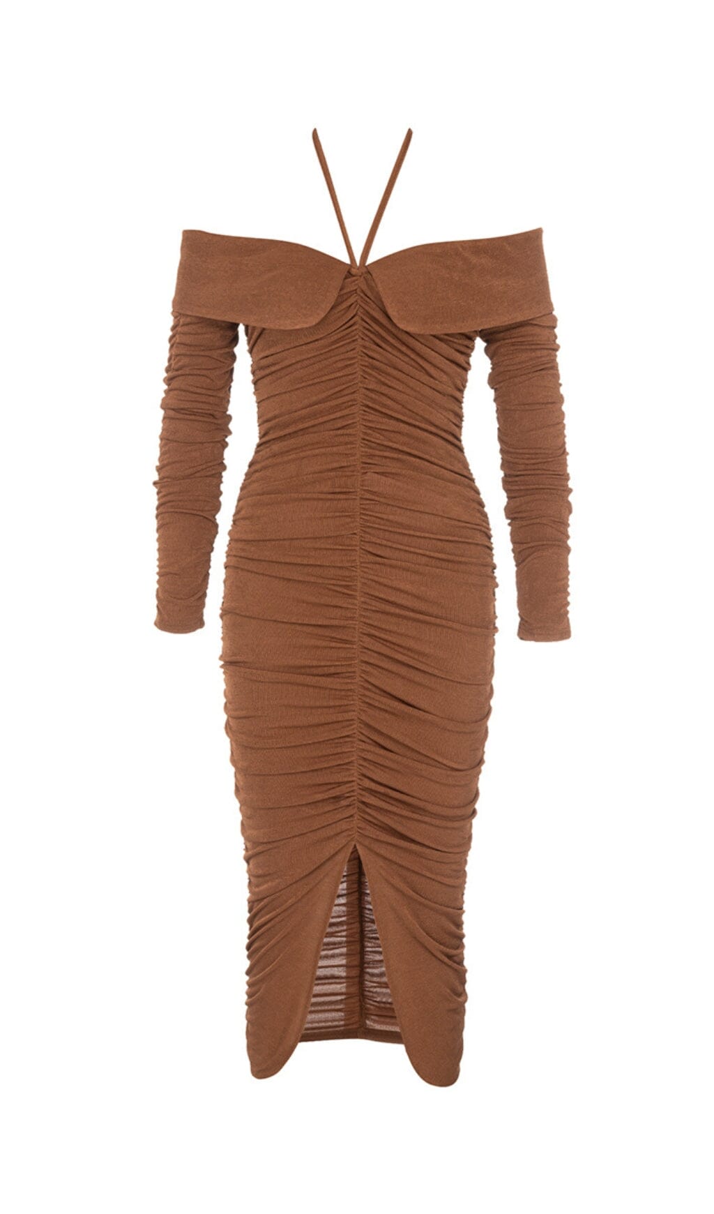 BROWN OFF-SHOULDER PLEATED MIDI DRESS