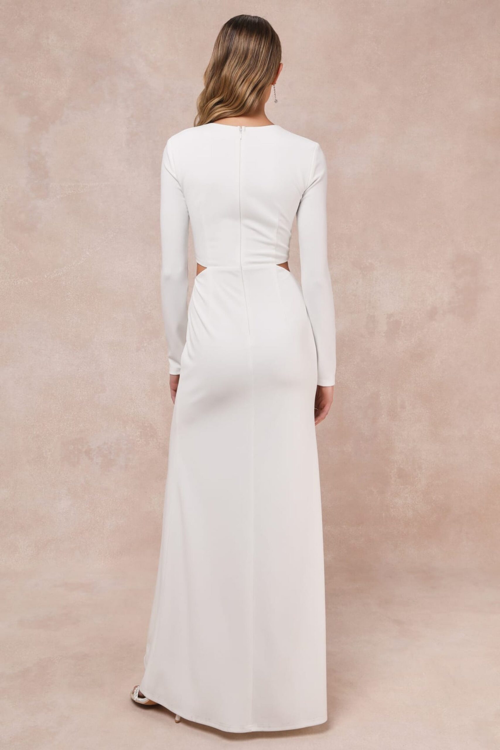 WHITE CUTOUT LONG SLEEVE MAXI DRESS