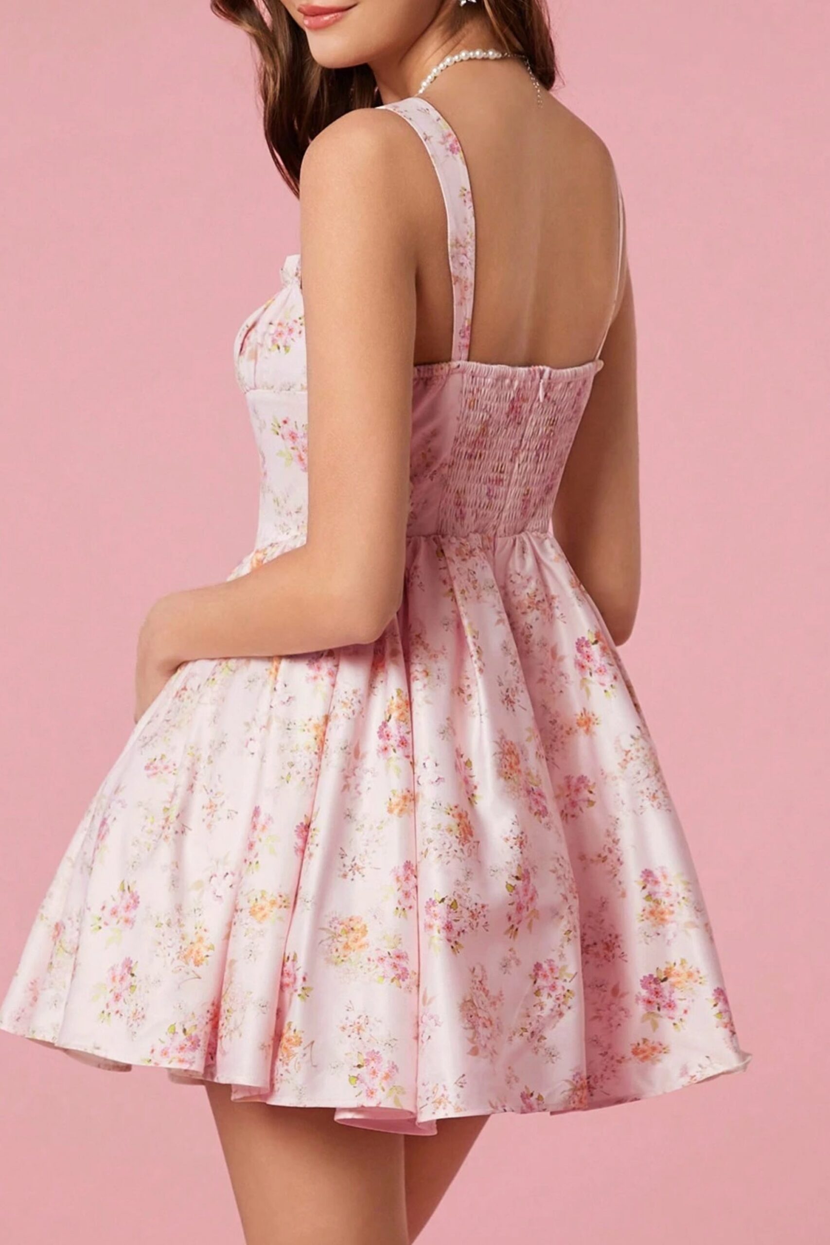 PINK COTTON MINI DRESS FLORAL MEADOW PRINT