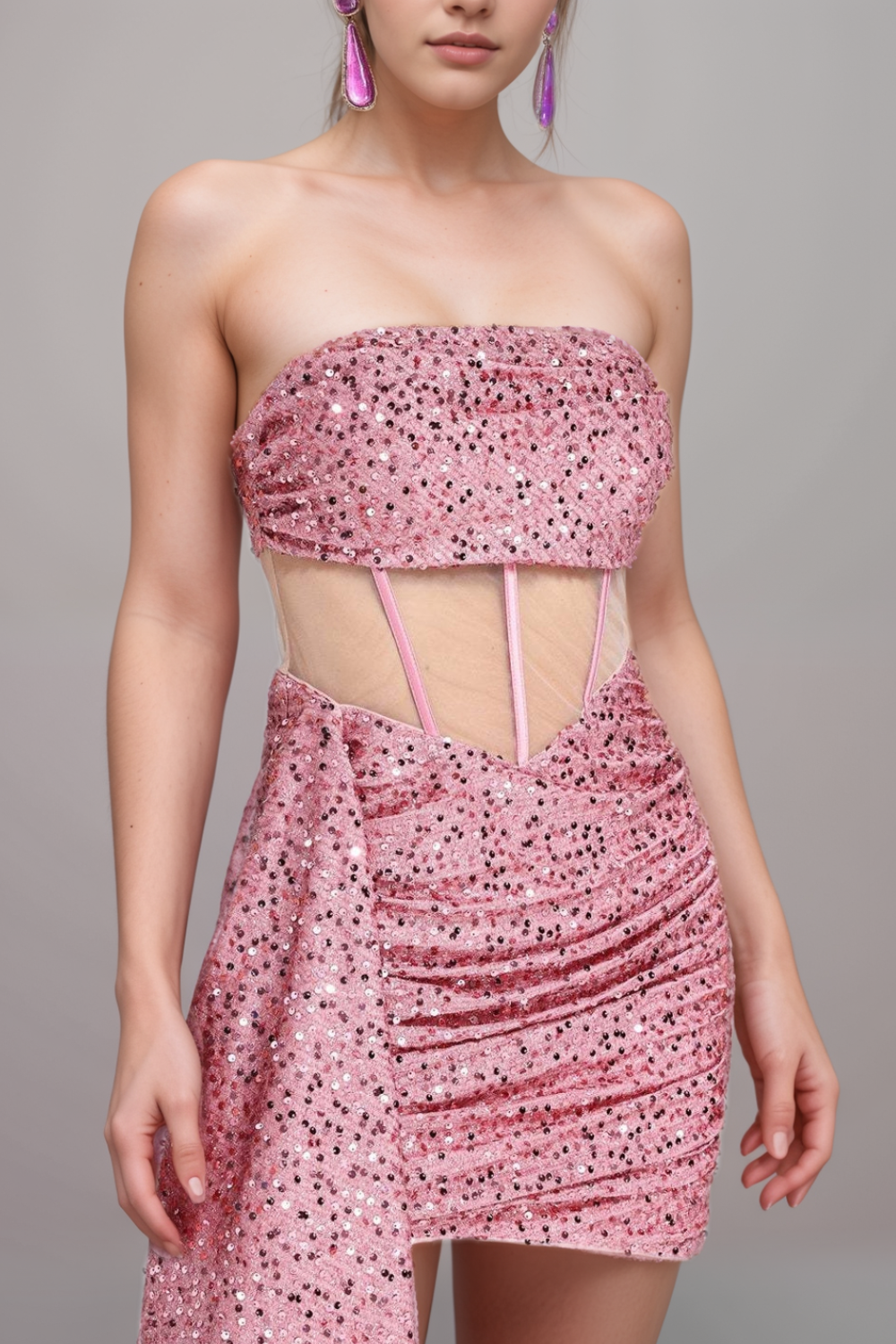 SEQUIN MESH RUCHED PARTY MINI DRESS