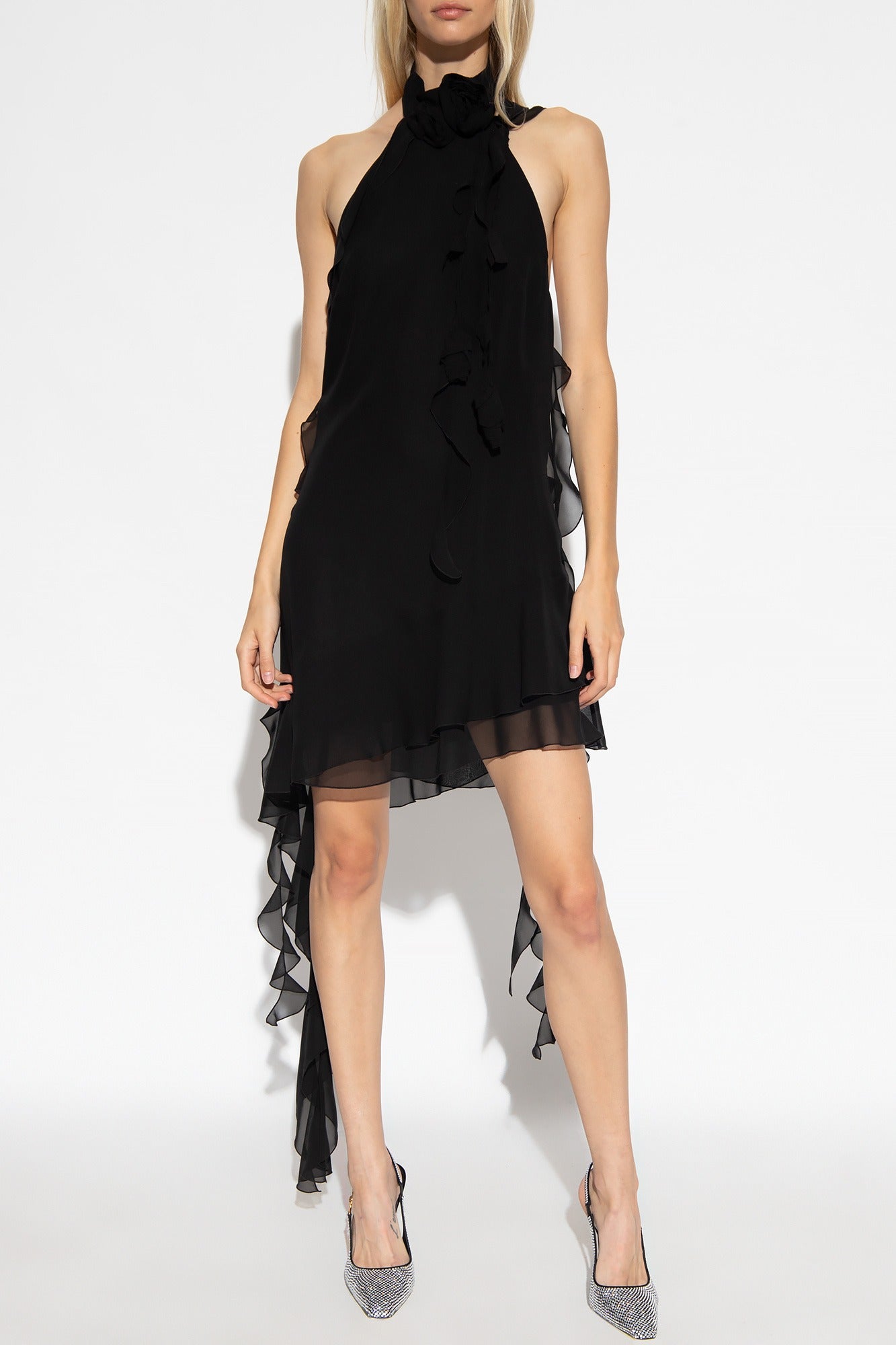 LENNOA RUFFLED HALTER MINI DRESS - BLACK