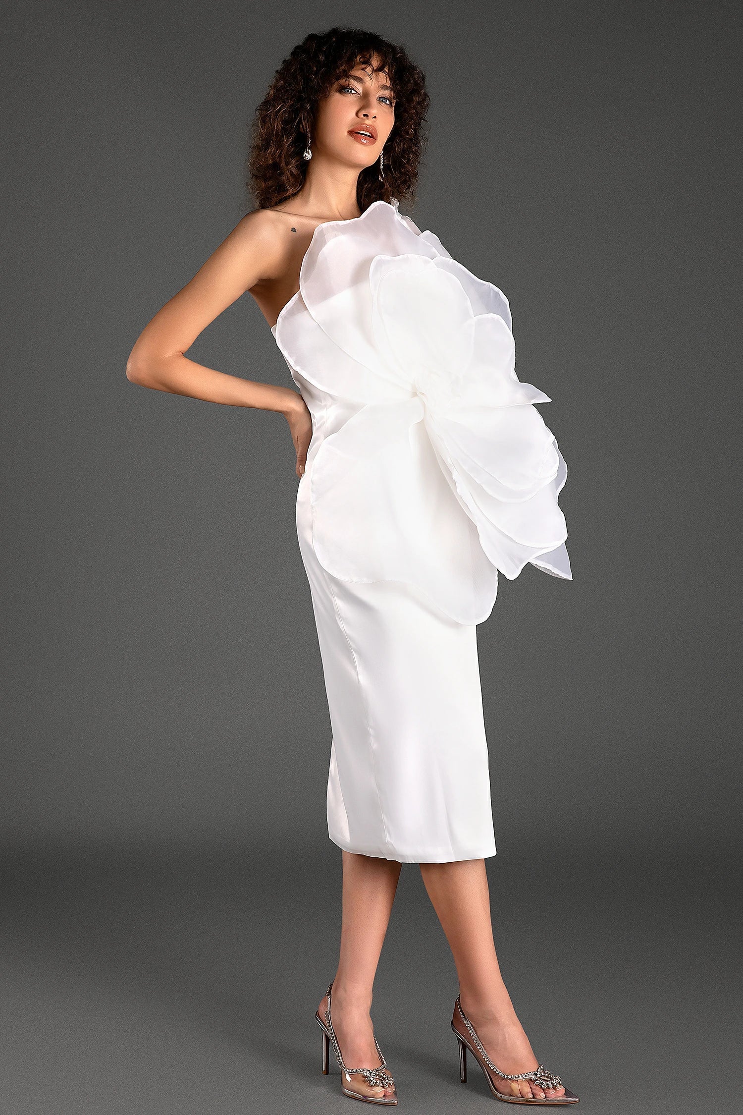 MUSTELIS ONE SHOULDER 3D FLORAL MIDI DRESS FOR WEDDING