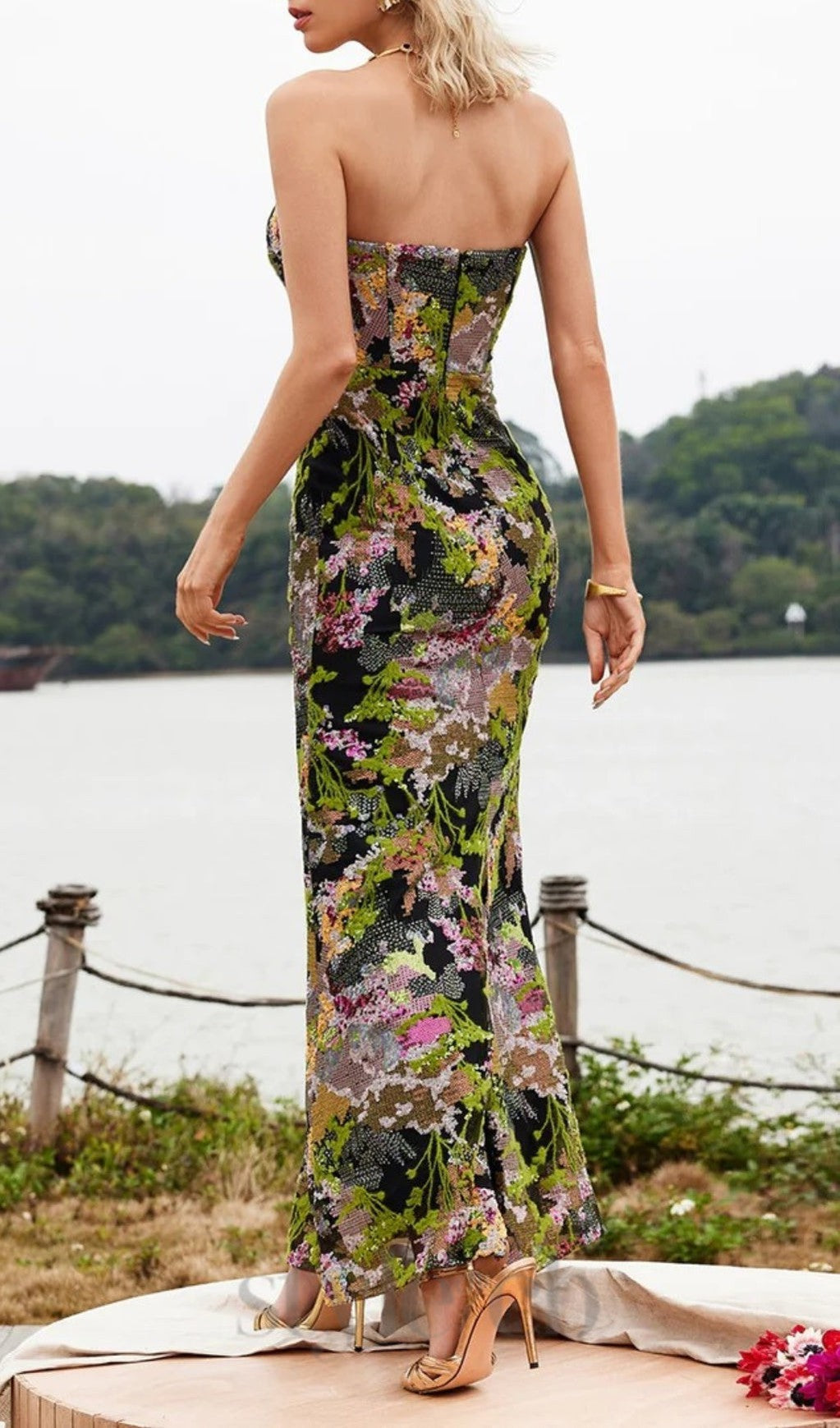 STRAPLESS FLORAL SEQUIN MAXI DRESS FOR PARTIES