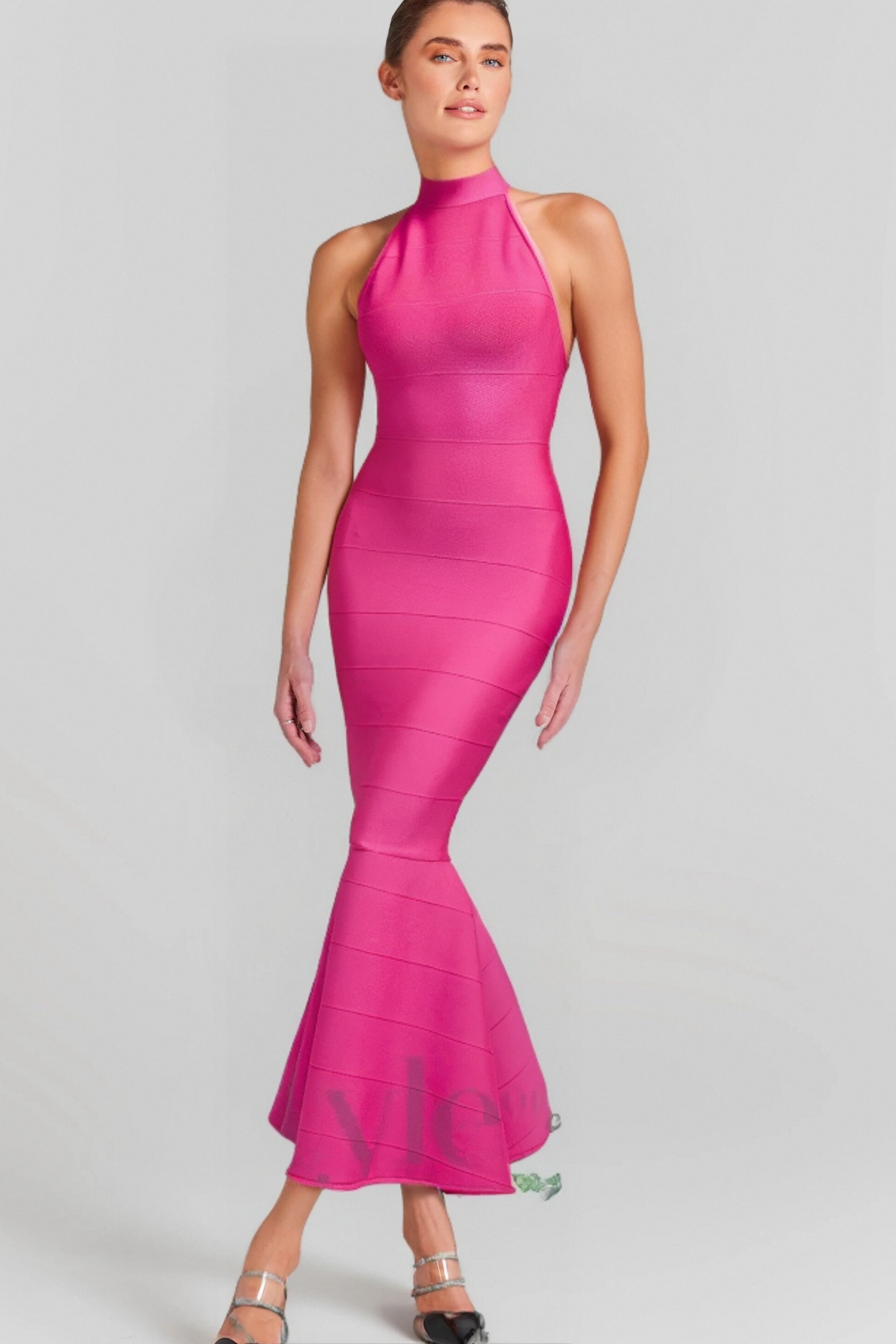 HALTER BANDAGE FISHTAIL MAXI DRESS PINK
