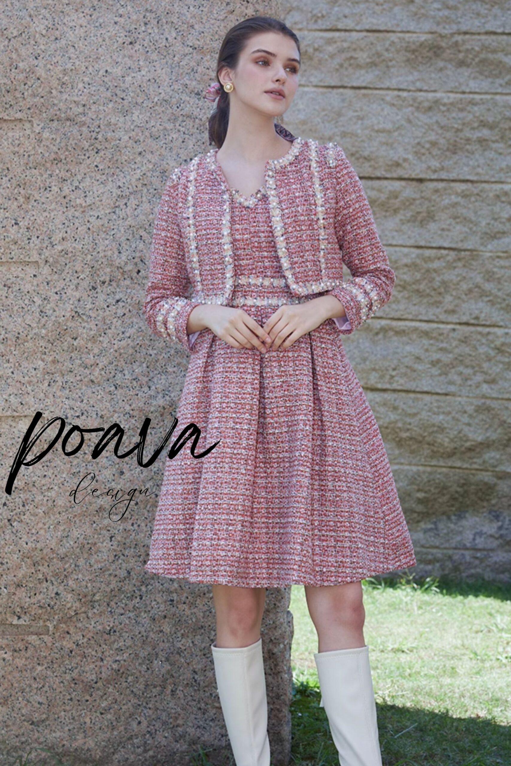 EMBELLISHED PINK TWEED DRESS SET FOR PARTY