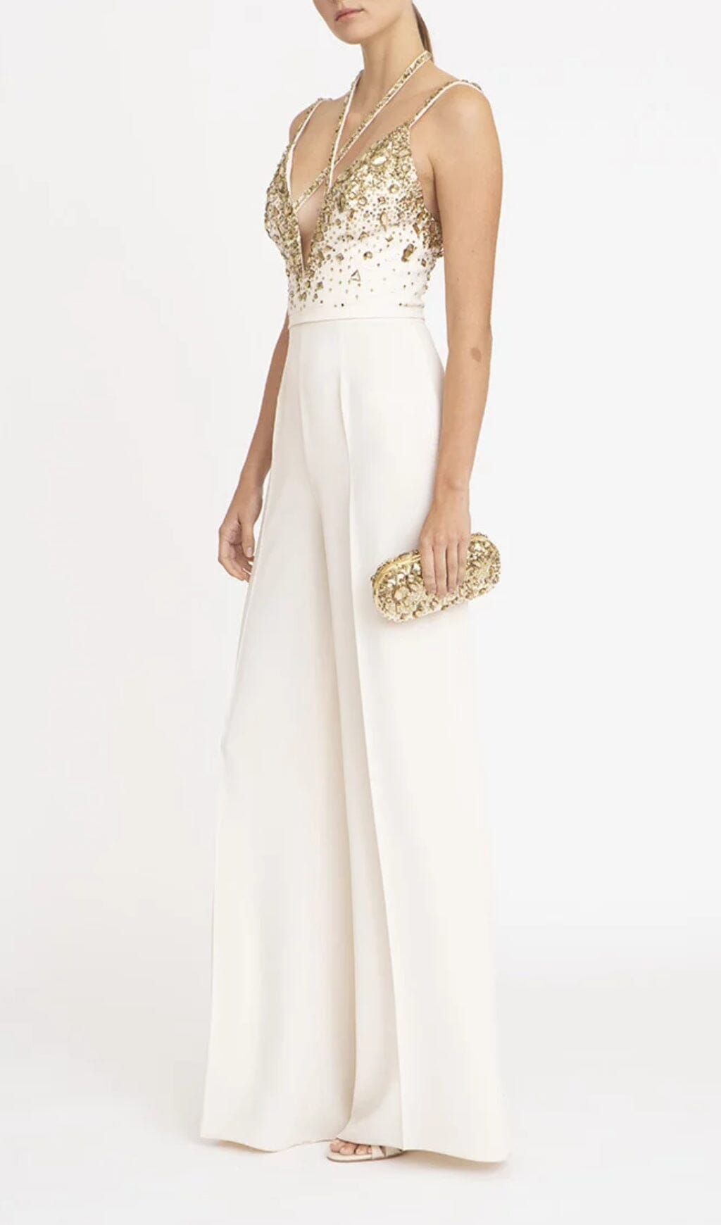 V-NECK SEQUIN HALTER JUMPSUIT WHITE