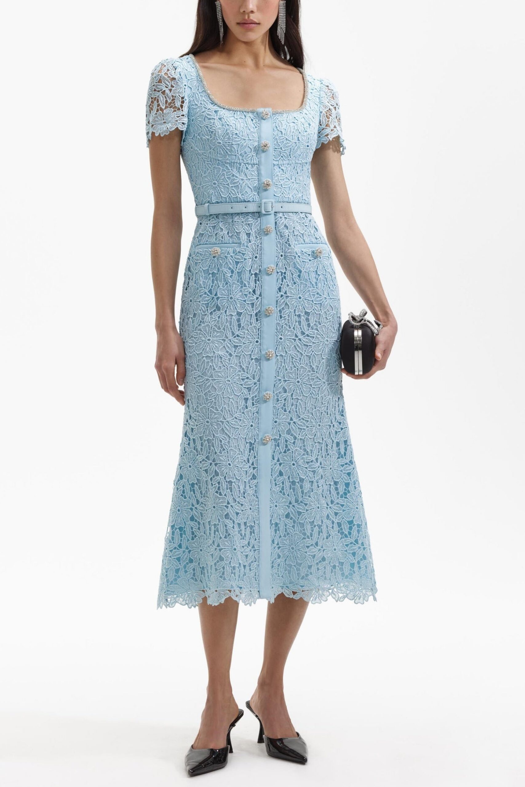 BLUE CORD LACE BOW MIDI DRESS FOR WEDDING GUEST