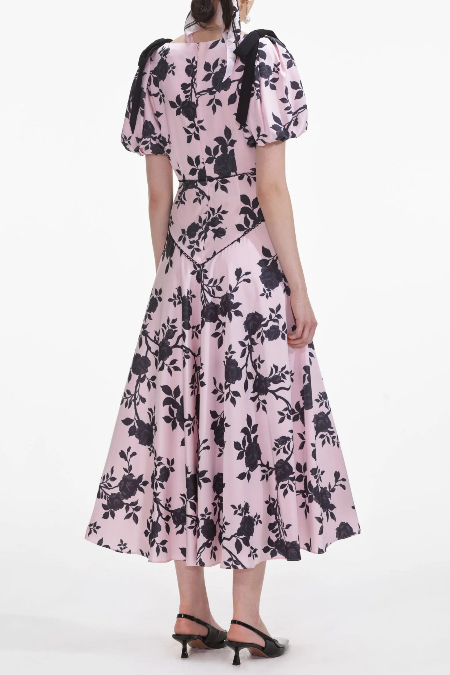 V-NECK SATIN FLORAL MIDI DRESS PINK