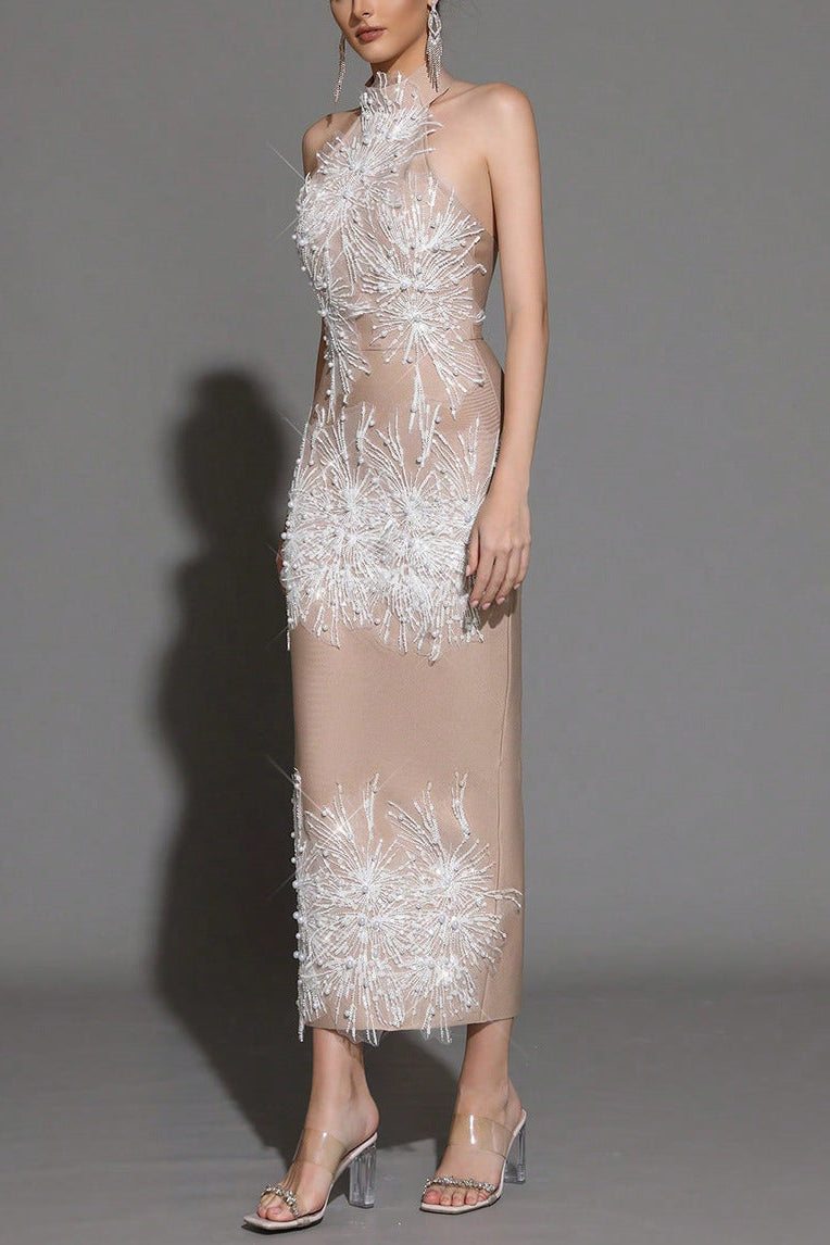PANDORA KHAKI BEADED SEQUIN BANDAGE MAXI DRESS