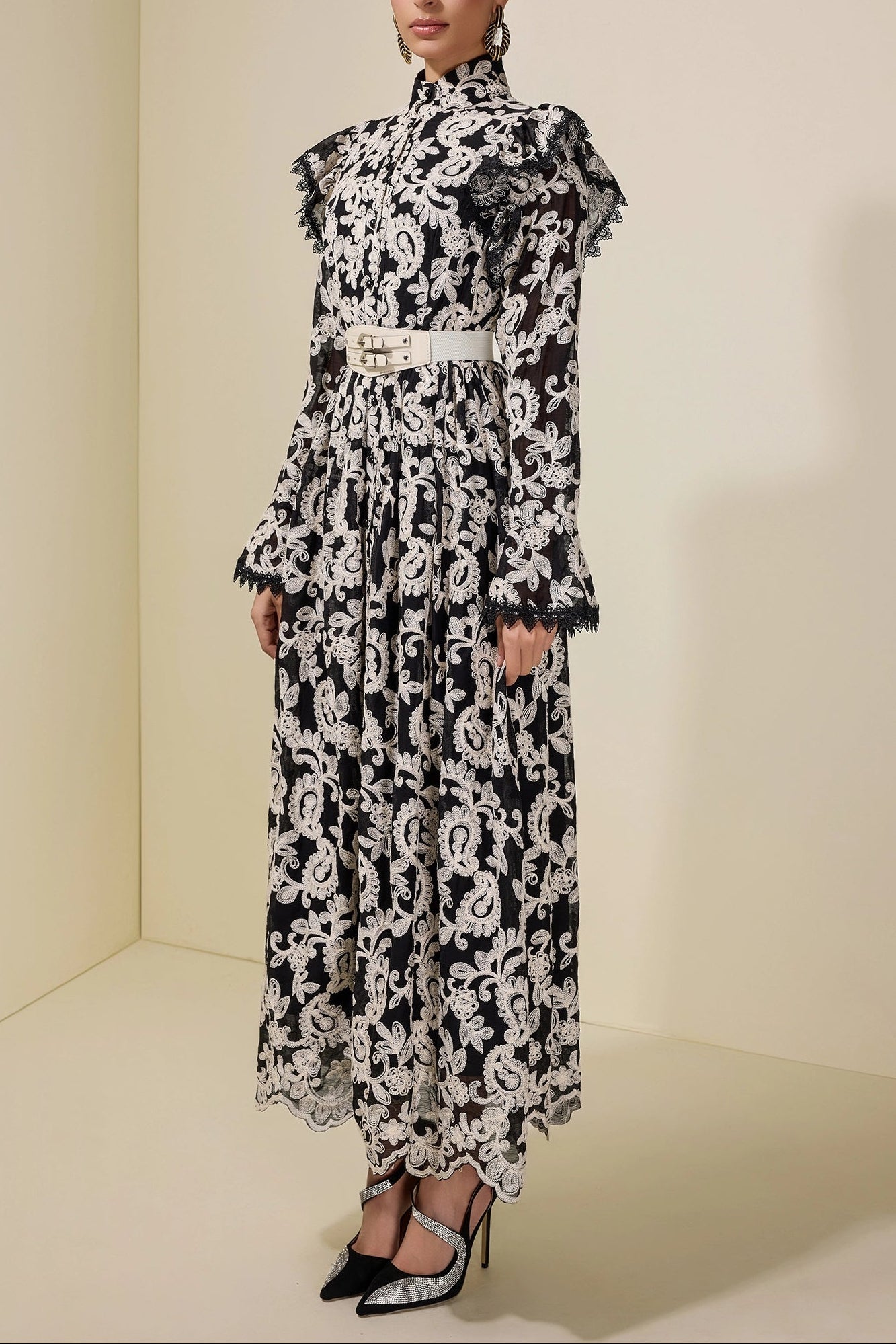 ALMA EMBROIDERED MIDI DRESS, BLACK, SINGLE BREASTED