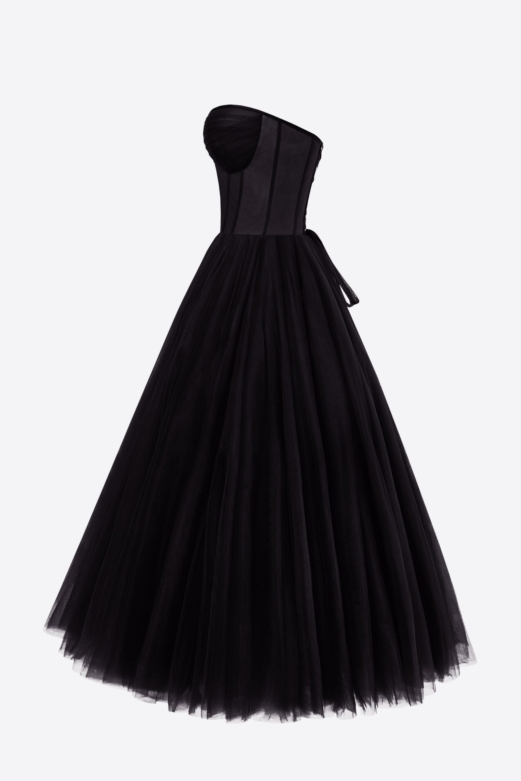 BLACK STRAPLESS PUFFY TULLE MIDI DRESS