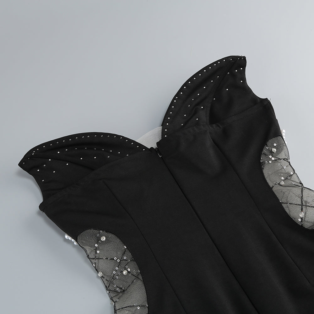 BLACK TULLE PEARL MINI DRESS, SYMMETRICAL COCKTAIL