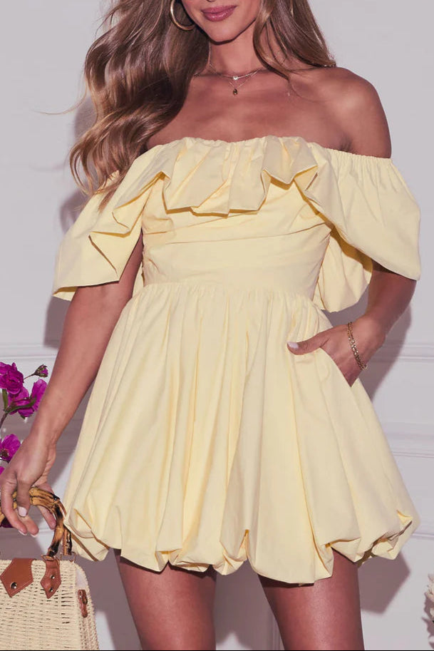 RUFFLE OFF-SHOULDER PUFFY MINI YELLOW DRESS