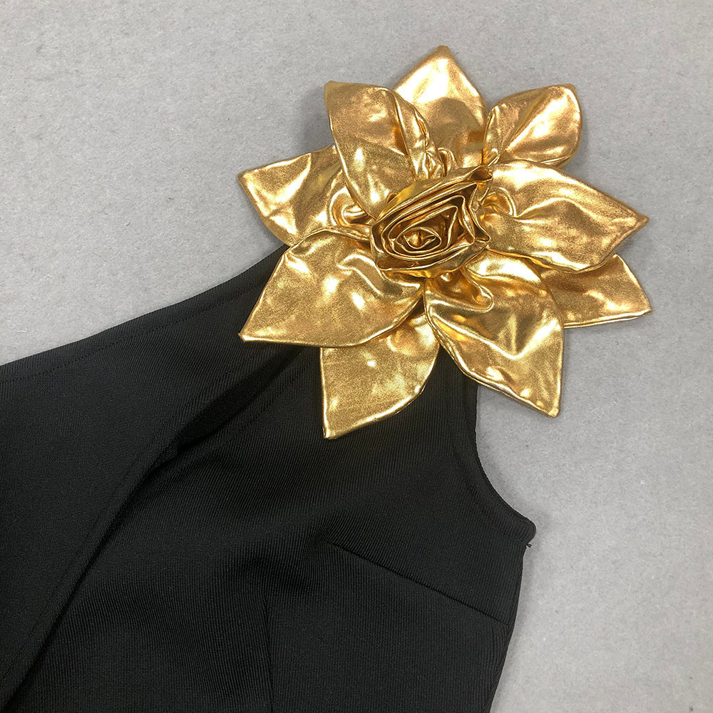 EUNICE GOLD 3D FLOWER MAXI DRESS BLACK