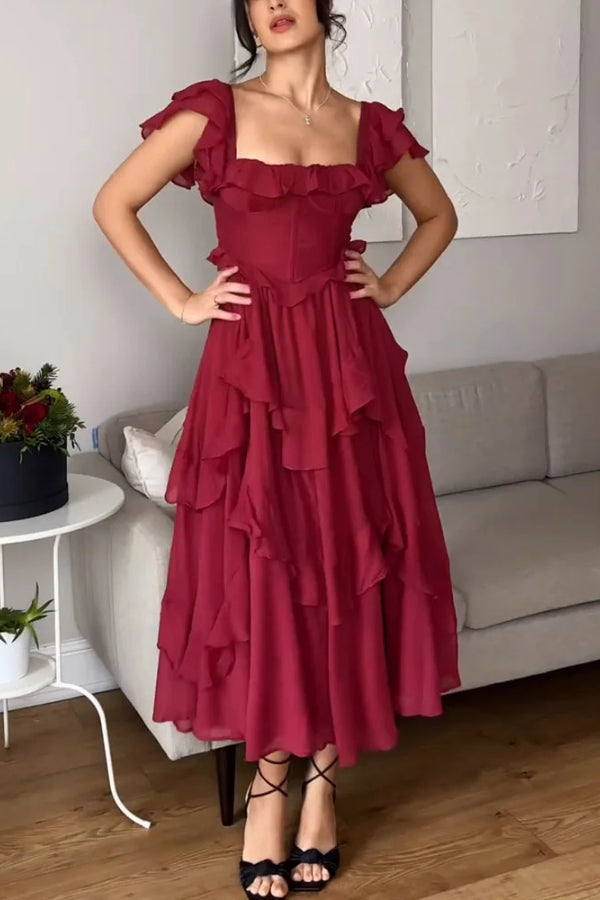 SQUARE NECK RUFFLE SLEEVE BACKLESS PARTY DRESS