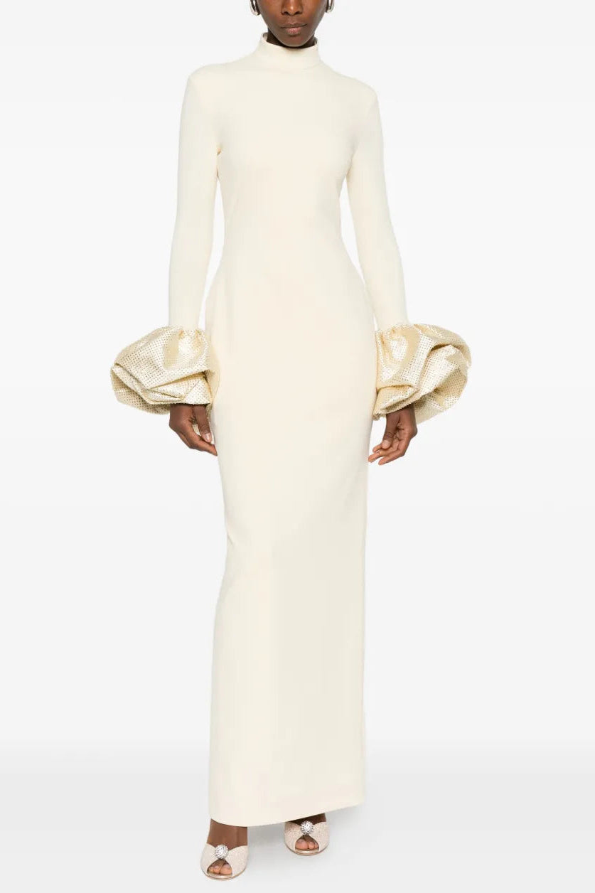 RACHEL WHITE RUFFLED CRYSTAL GOWN | MOCK-NECK EVENING DRESS