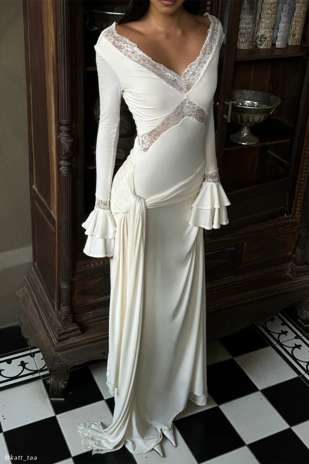 PAMELA V-NECK LACE SHEER MAXI DRESS WHITE WEDDING