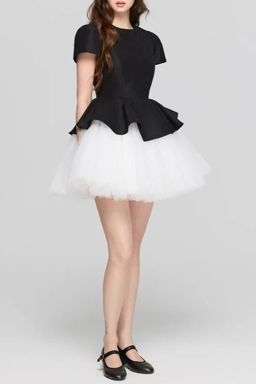 TWO-TONE VELVET PUFFY RUFFLE MINI DRESS