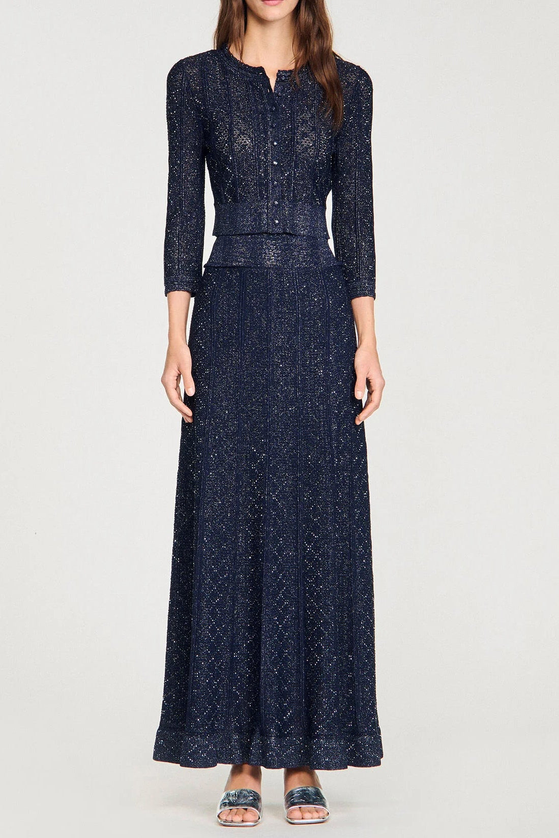 NAVY RHINESTONE KNIT MAXI SKIRT FOR EVENING