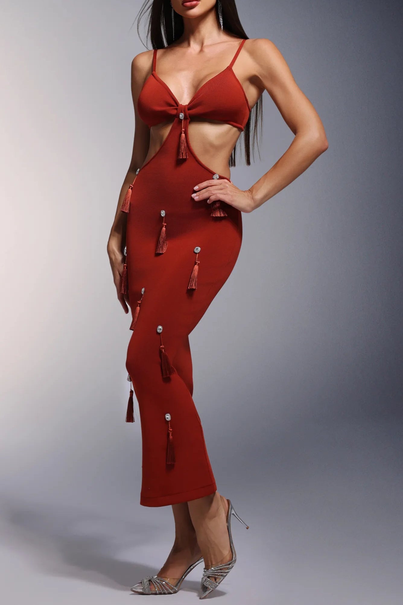 DEEP-V RED BANDAGE MAXI DRESS WITH TASSELS