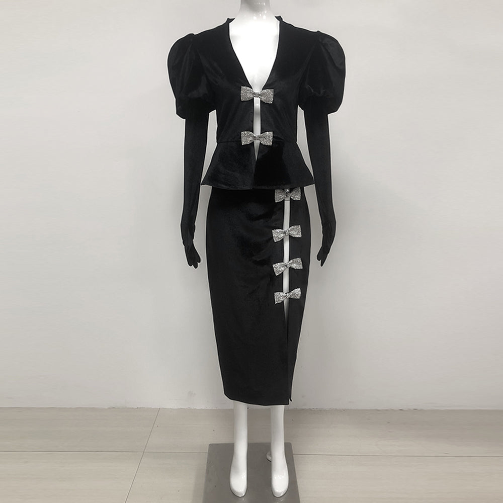 VICTORIA CUT-OUT BOW MINI DRESS SET BLACK