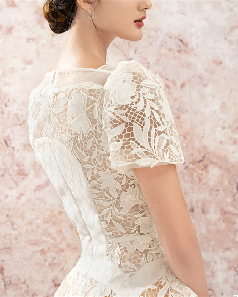 ROSE SLEEVE LACE MINI DRESS FOR WEDDING