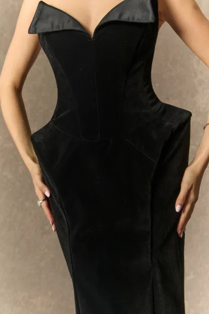 AMITY BLACK VELVET STRAPLESS MAXI DRESS