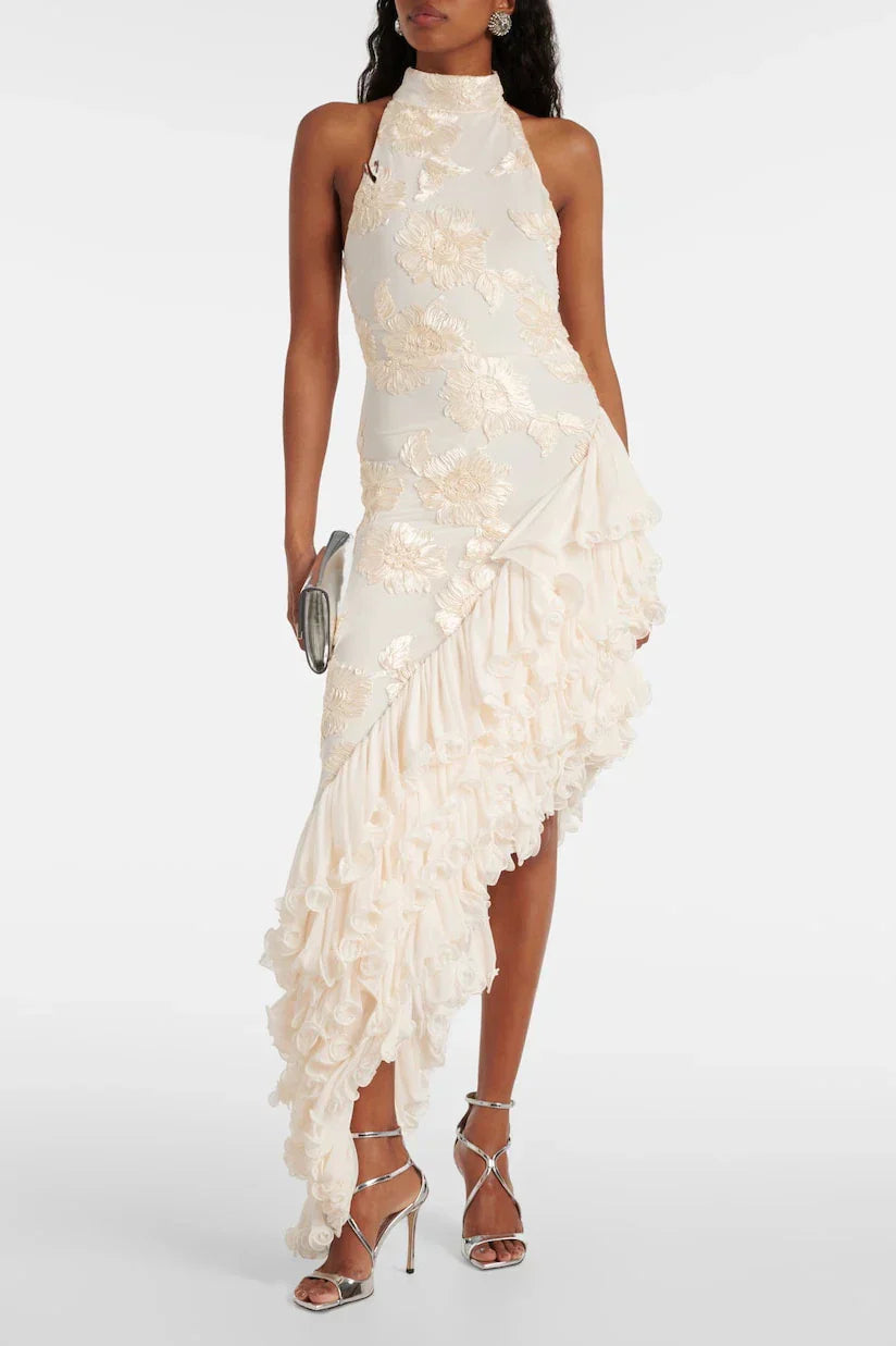 3d162b97-e3e3-4222-9c49-229e1f46dcac ROBERTA WHITE ASYMMETRIC HALTER MIDI DRESS