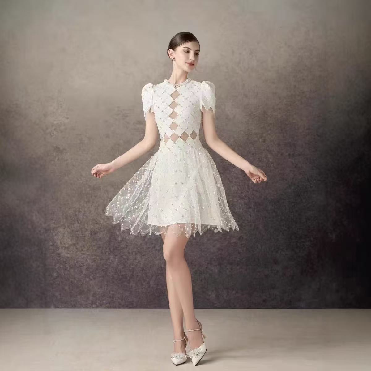 HENRIETTA IVORY SEQUIN MINI DRESS MESH PANEL
