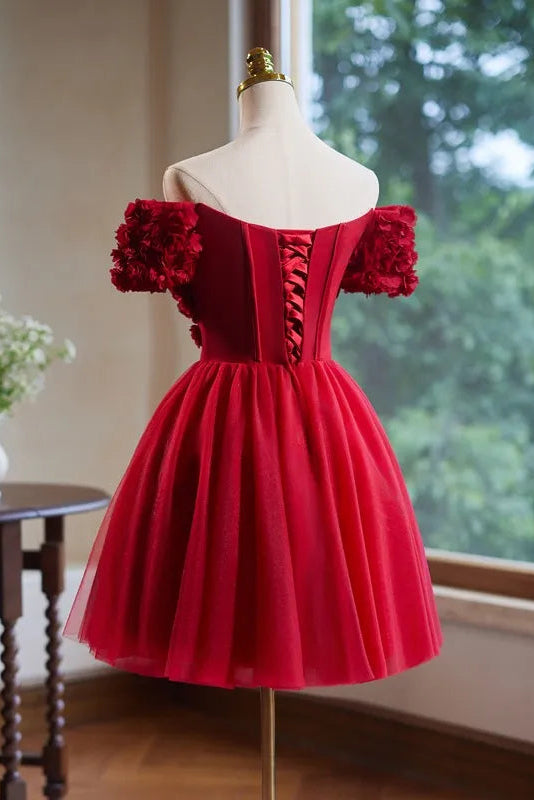 CAROLINE RED 3D APPLIQUES MINI PROM DRESS