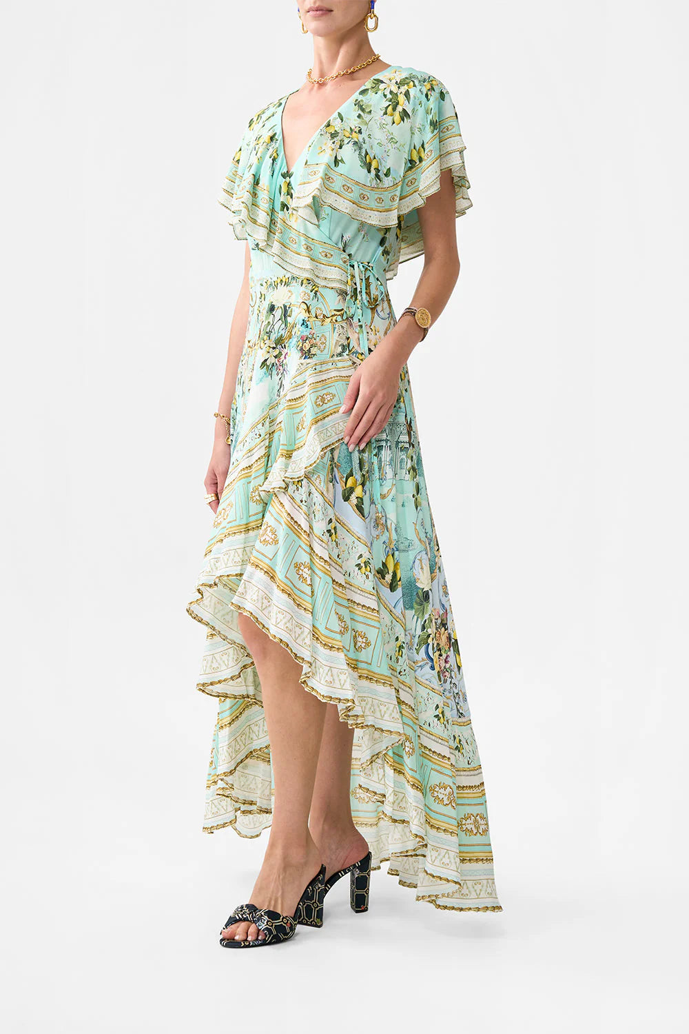 GREEN MULTI PRINTED RUFFLED V-NECK MAXI DRESS
