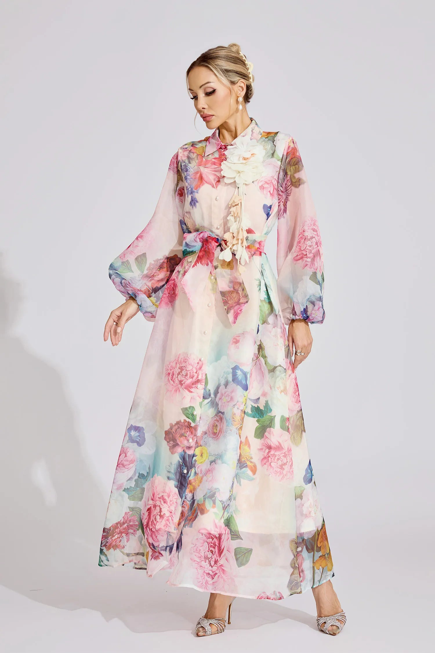 VIVIEN PINK FLORAL LANTERN SLEEVE MAXI DRESS