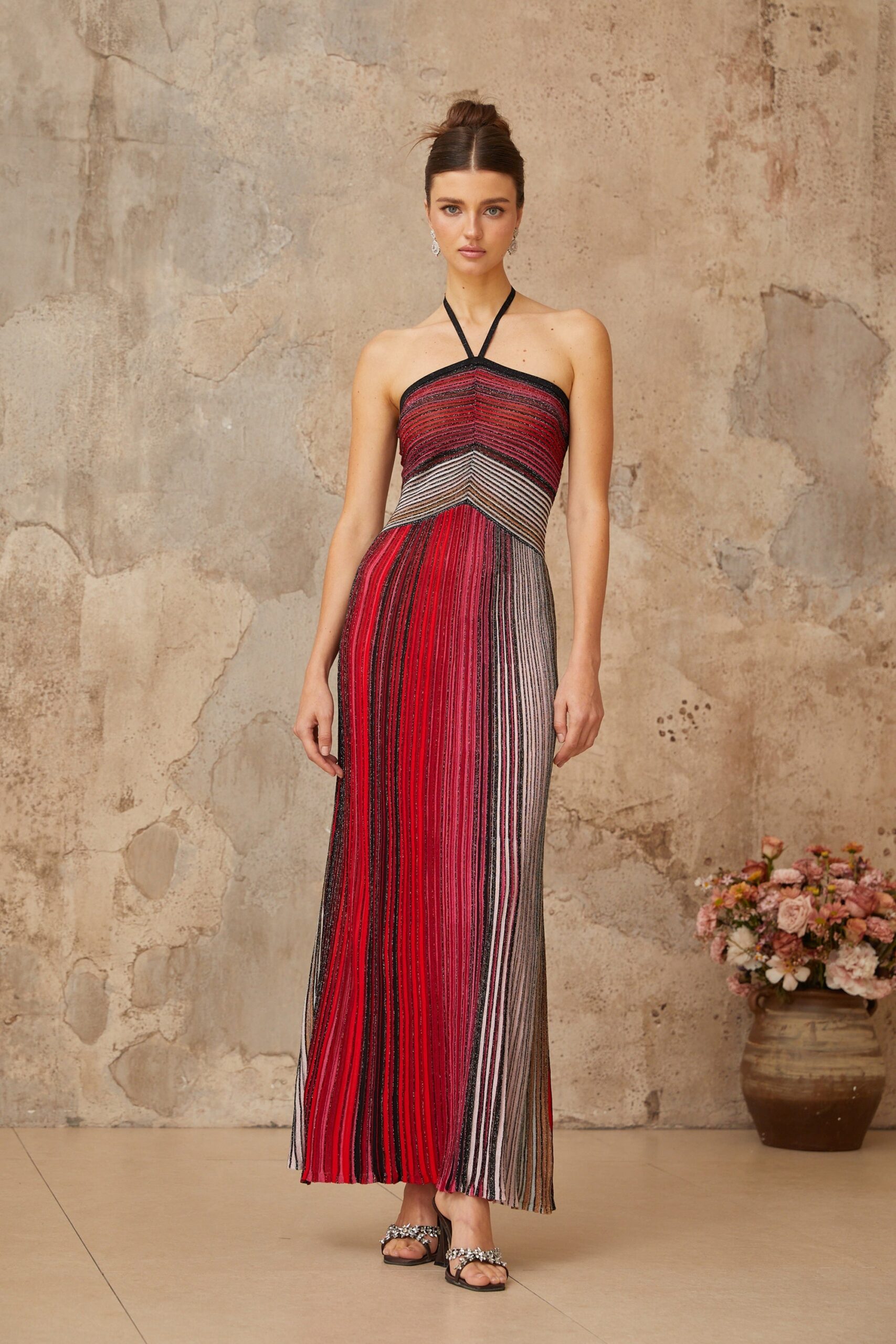 ULYSSE RED METALLIC HALTERNECK MAXI DRESS