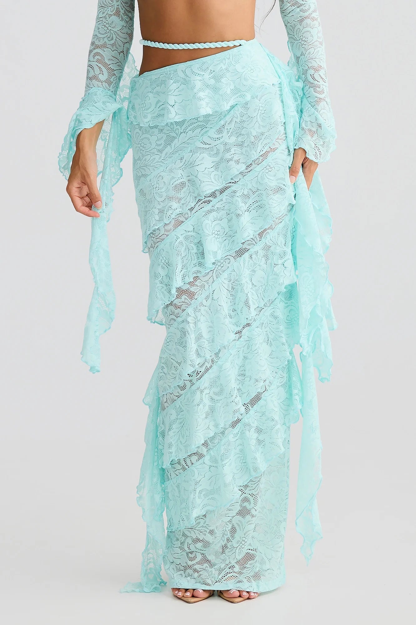 CROCHET CROP TOP & LACE MIDI SKIRT SET - PALE BLUE