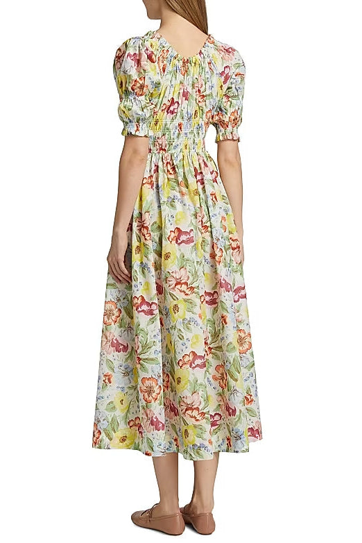 TOBEY ISCHIA FLORAL SMOCKED MIDI DRESS