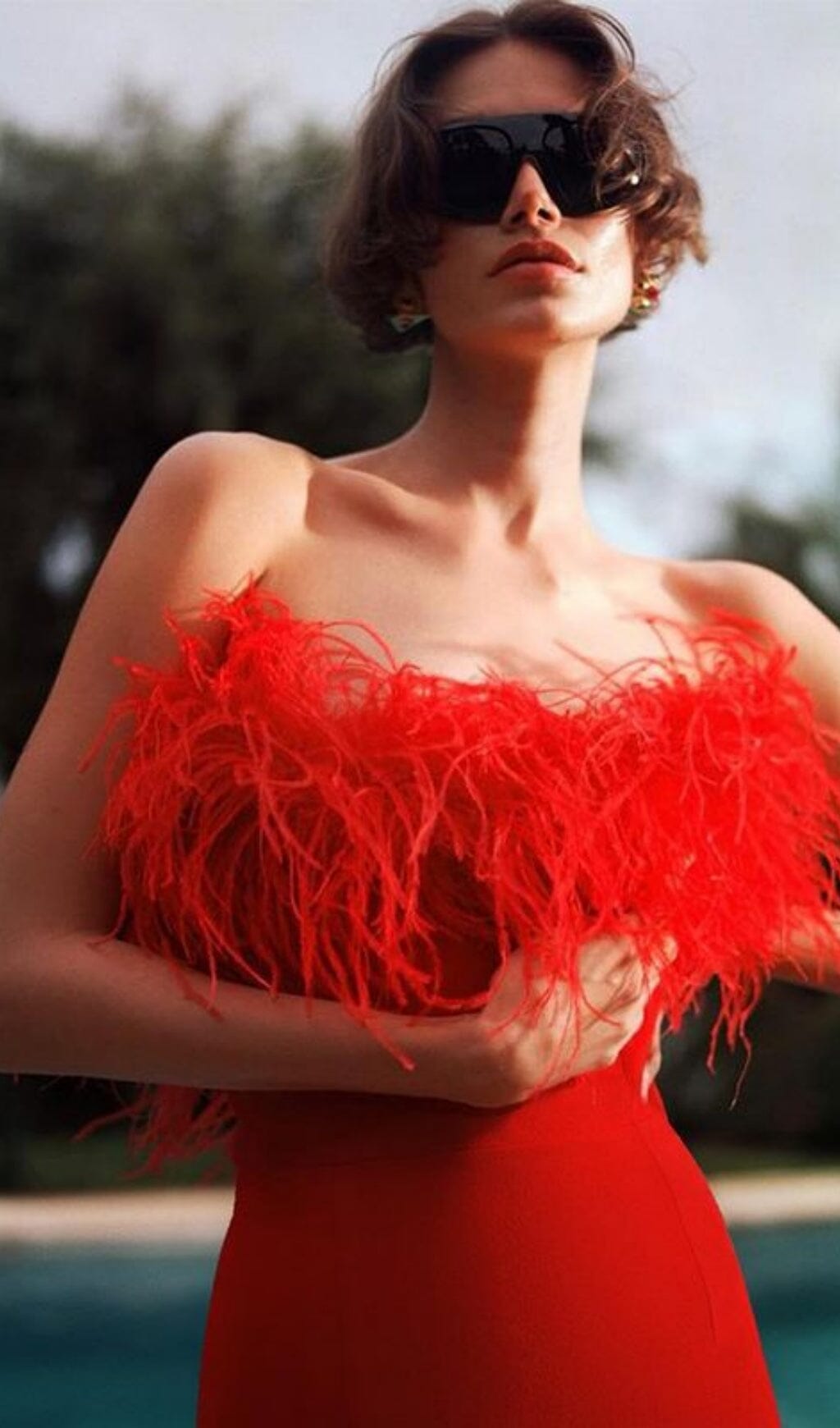 RED STRAPLESS FEATHER GOWN FOR FORMAL OCCASIONS