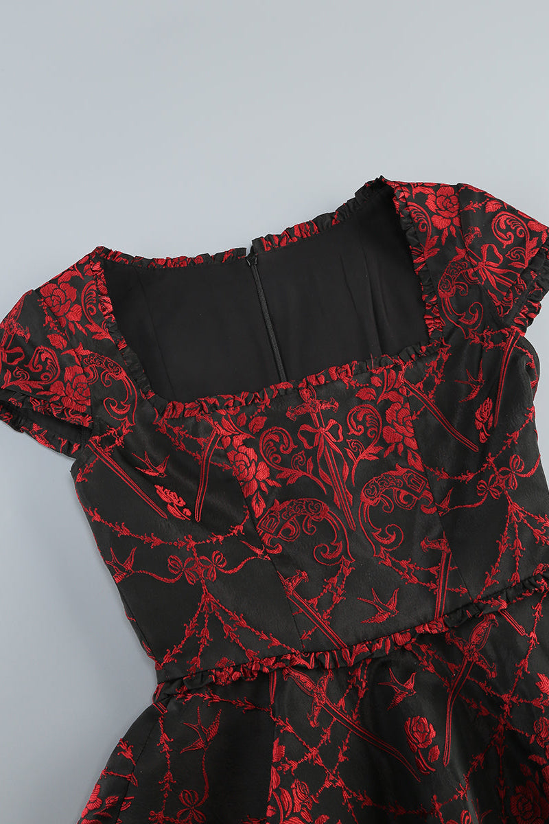 SQUARE NECK JACQUARD MINI DRESS, BLACK RED PARTY