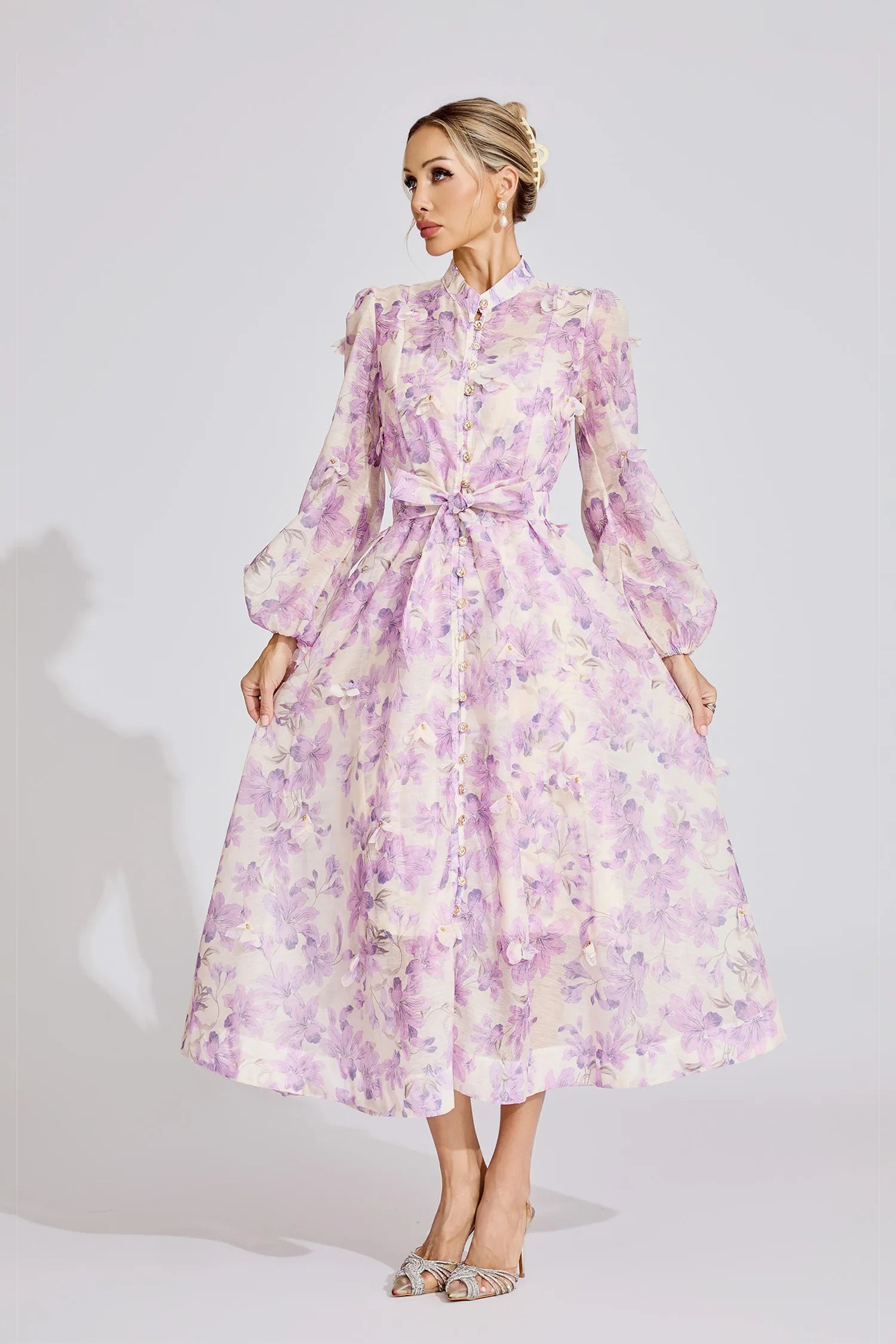 SIMONA FLORAL LANTERN SLEEVE MAXI DRESS PURPLE