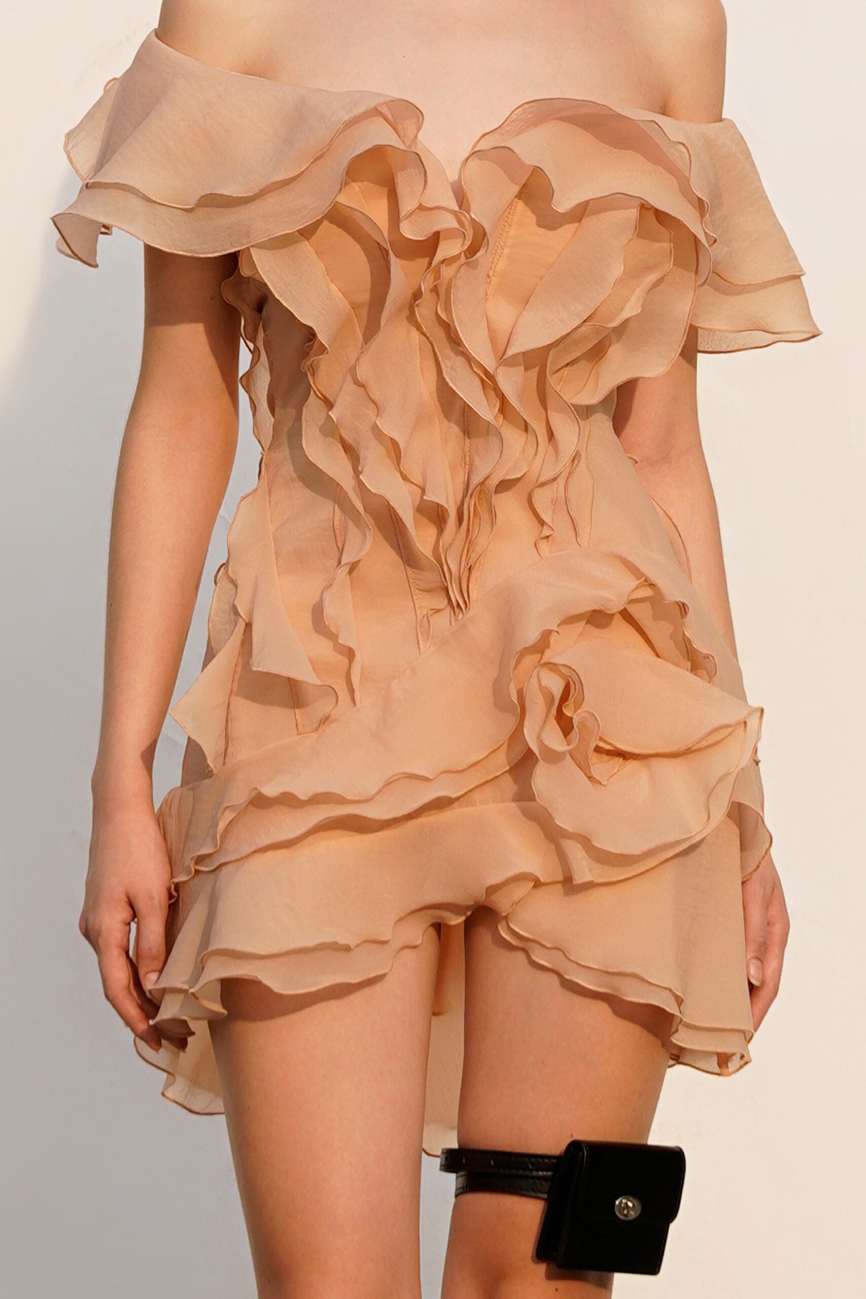THEIA RUFFLE STRAPLESS CORAL MINI DRESS